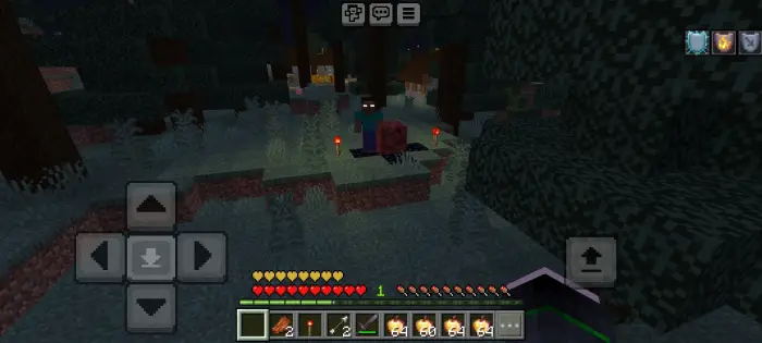 Herobrine espreita perto de tochas de redstone &agrave; noite.