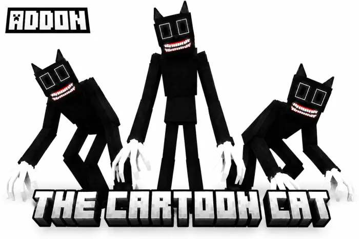Three blocky, creepy cartoon cats with grins.