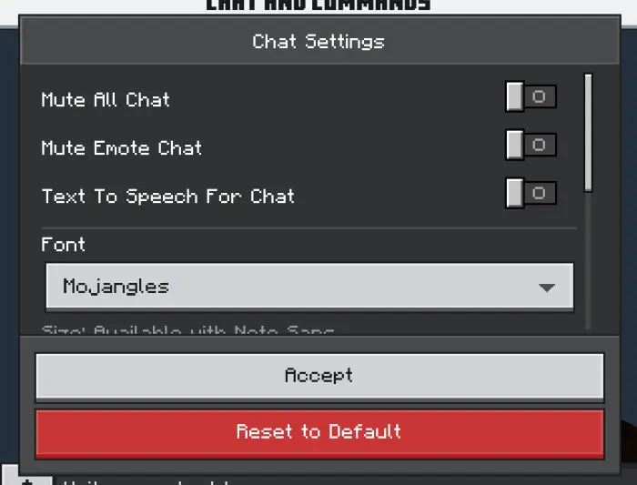 Chat settings menu with reset option shown.