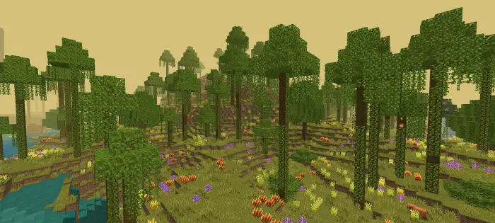 Dense forest biome with vibrant flowers