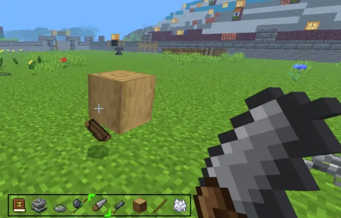 Player uses flint axe to chop wood block