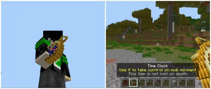 1. Player holding a golden clock wand 2. On-screen text Time Clock item usage