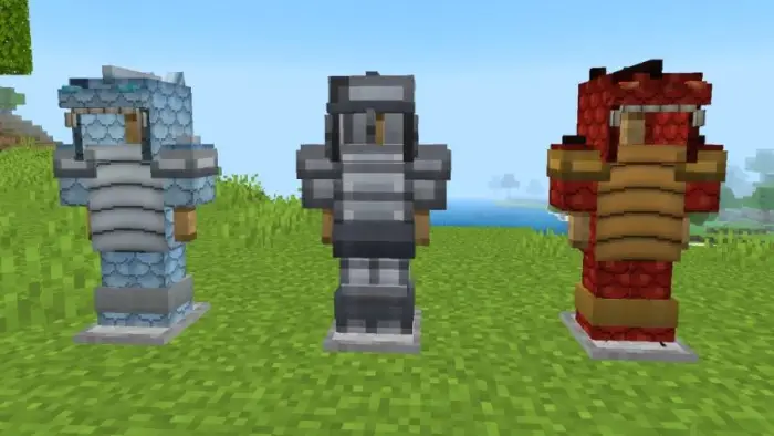 Three dragon-themed armor sets on stands