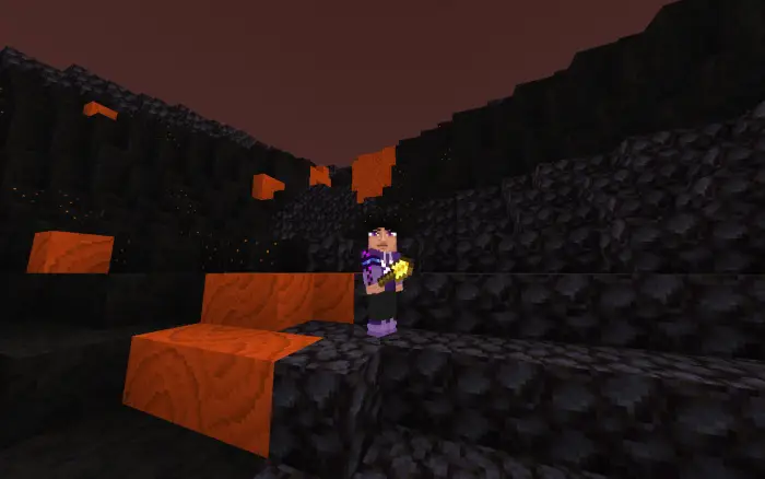 Player explores a dark lava-filled canyon