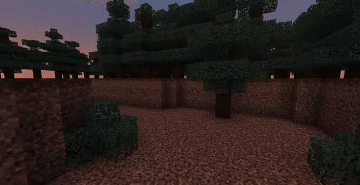 Dense pixelated forest at dusk, eerie mood