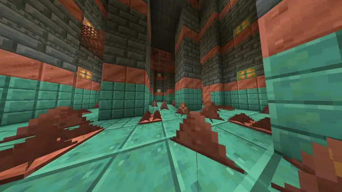 Rusty spike traps line a teal-tiled hallway.