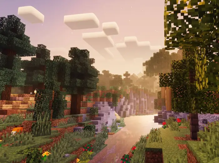 Warm, golden-hour lighting over blocky river.