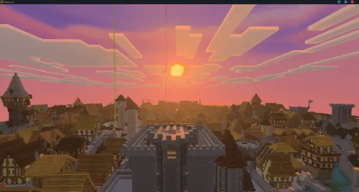 Warm purple sunset over a medieval town