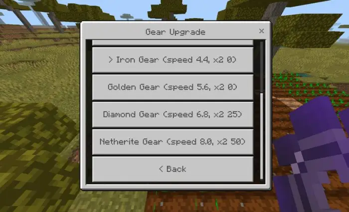 Gear upgrade menu with four gear options