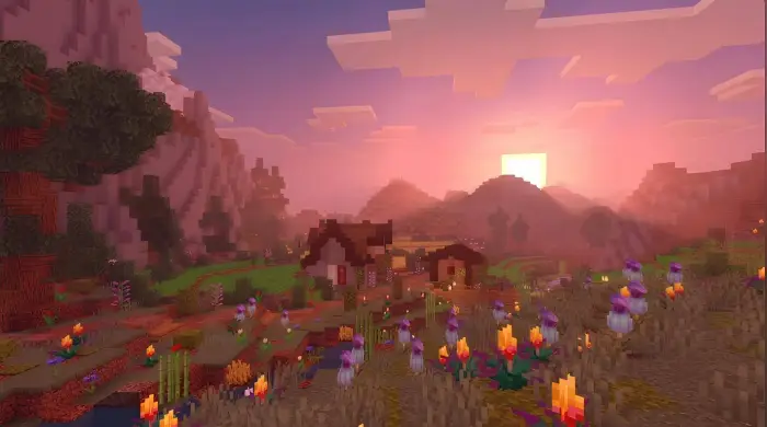 Blocky sunset landscape with vibrant flowers