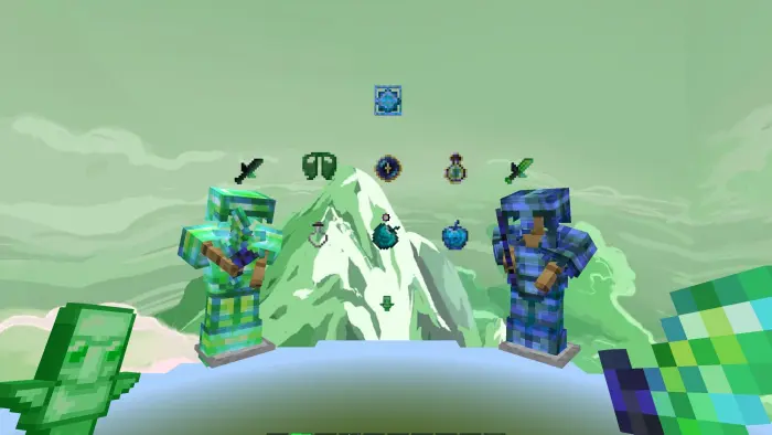 Two armored figures with green and blue gear