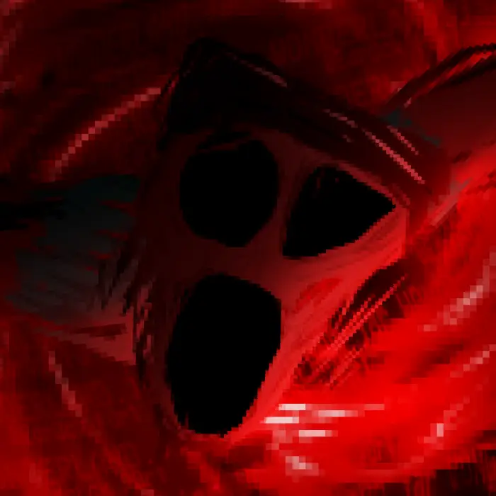 ALT Pixelated red horror face with dark voids
