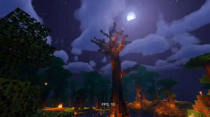 Moonlit forest with glowing lanterns