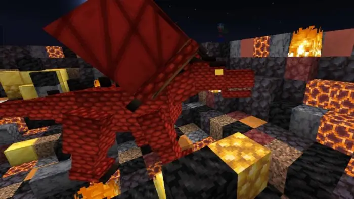Red dragon stands amid lava and flames.