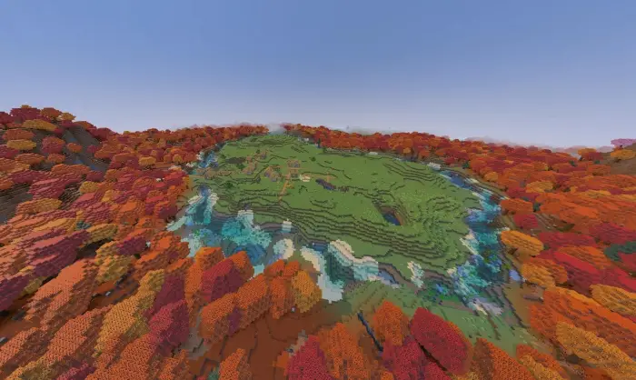 Autumn forest ring surrounds a grassy village