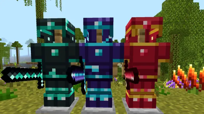 Three colorful armored mannequins with swords
