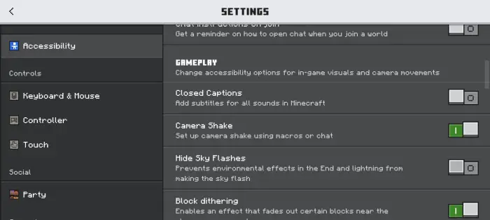 Accessibility settings menu with camera shake on