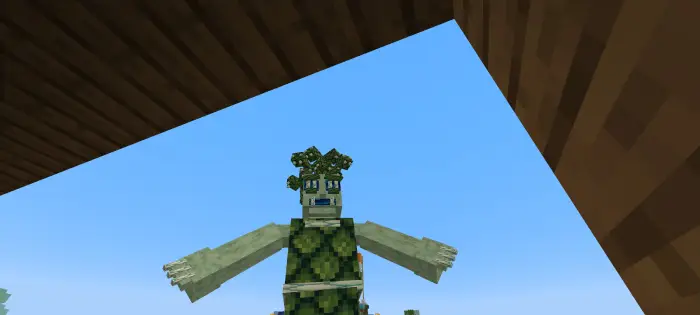 Giant leafy golem boss under blue sky
