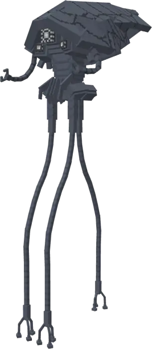 Pixel art of a towering tripod war machine