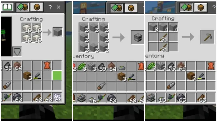 1. Crafting stone blocks from materials 2. Crafting a furnace with stone 3. Crafting a pickaxe with sticks and stone
