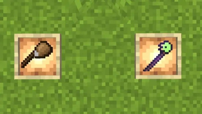 Left Wooden club icon. Right Magic staff icon.