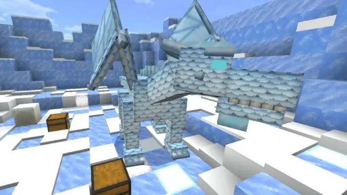 Ice dragon stands in snowy treasure cave.