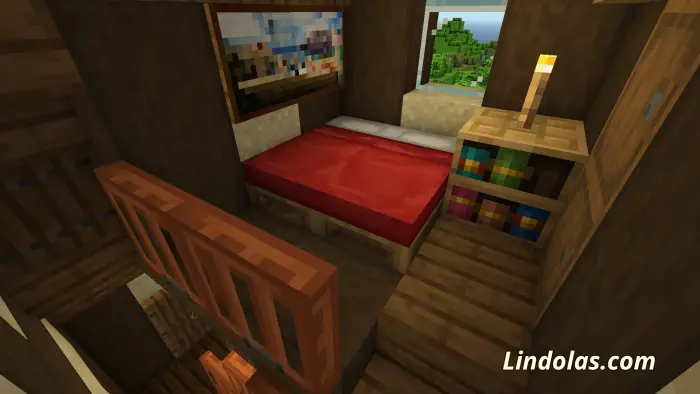 Cozy cottage bedroom with bed and bookshelf