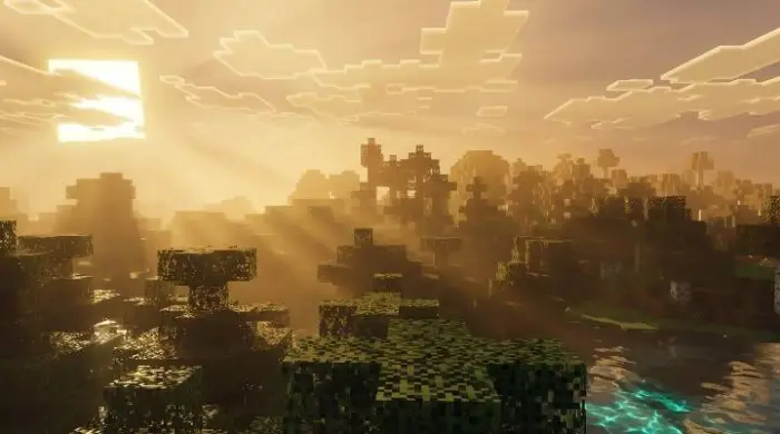 Golden sun rays shining over blocky forest