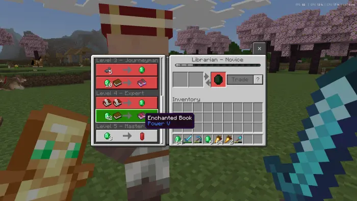 Villager trade UI showing all trade tiers