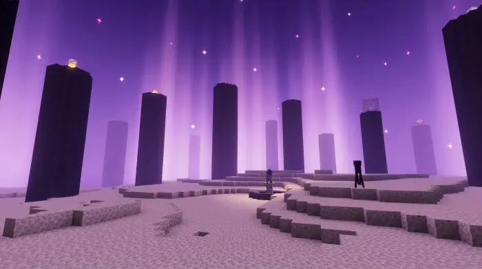 Purple haze and glowing pillars at night