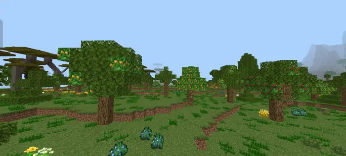 Fruit trees and crops in a vibrant biome.
