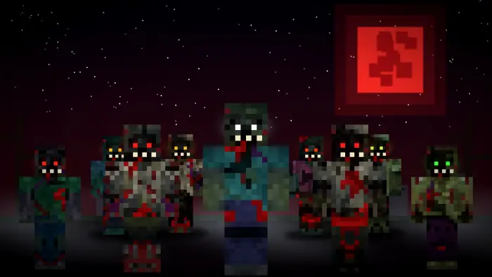 Multiple pixelated zombies with glowing eyes.