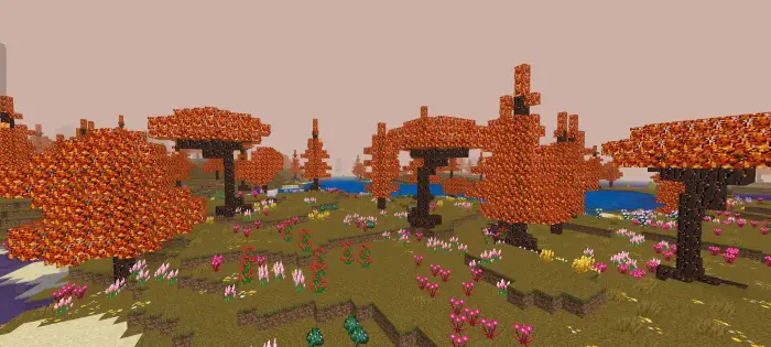 Blocky autumn trees and colorful flowers
