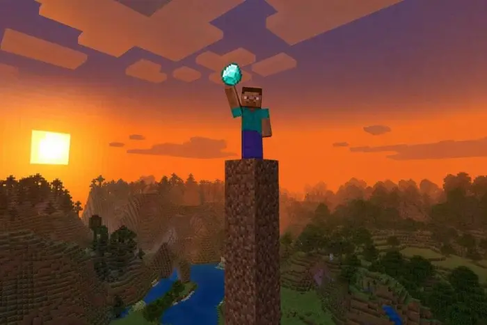 Character holds diamond atop dirt pillar at sunset.