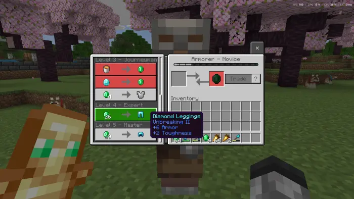 Villager trade menu showing all trade tiers