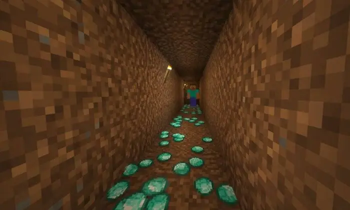 Diamonds scattered in a dirt tunnel.