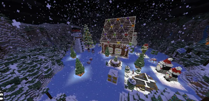 Snowy village with gingerbread house and trees