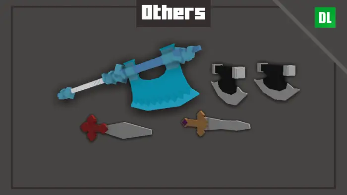 Five stylized fantasy weapons display.