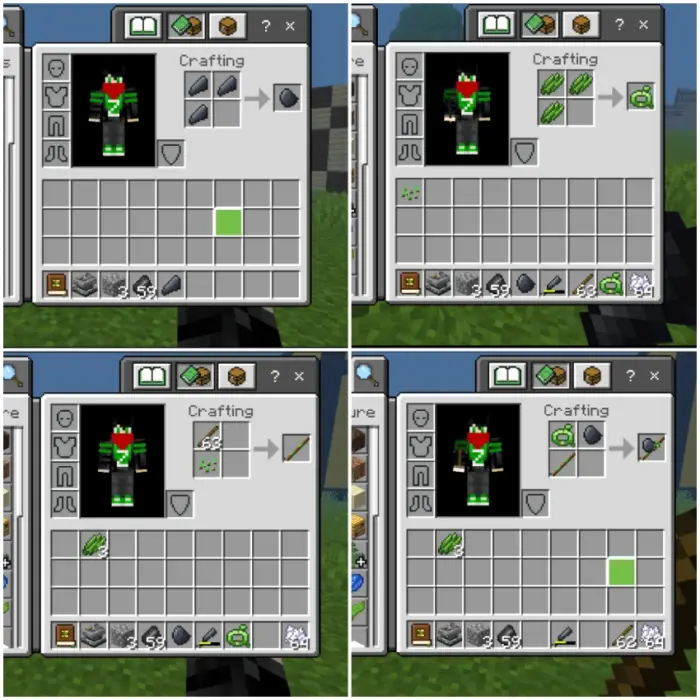 1. Crafting flint axe with rocks 2. Crafting green rope from plant fibers 3. Crafting stick from plant fibers 4. Crafting axe