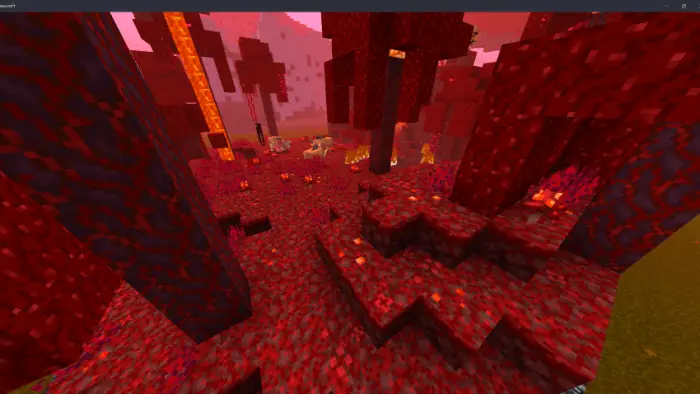 Warm purple-red forest with glowing accents