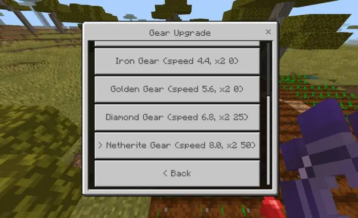 Gear upgrade menu with gear speed options