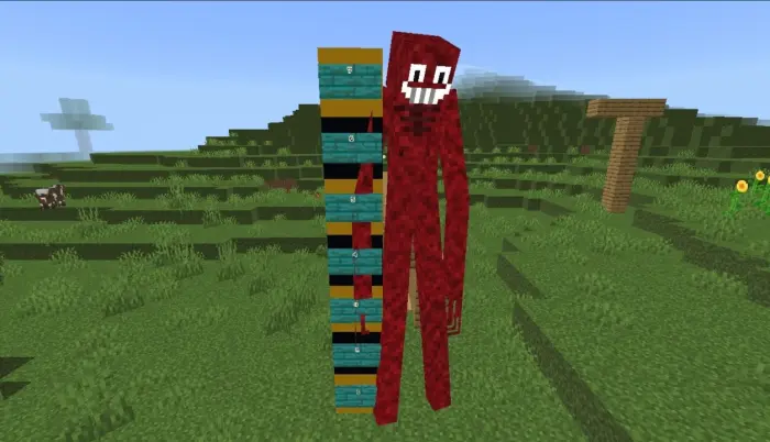 Tall red mimic with a wide grin stands outside.