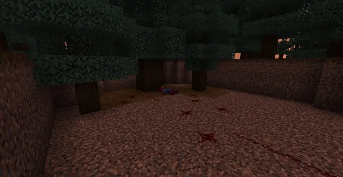 Bloody trail leads to body under dark trees.