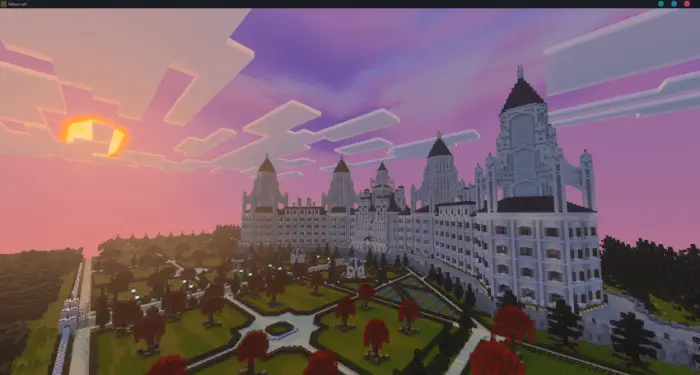 Castle build under a warm purple sunset sky