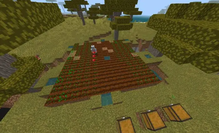 Robot tending a large crop field with chests