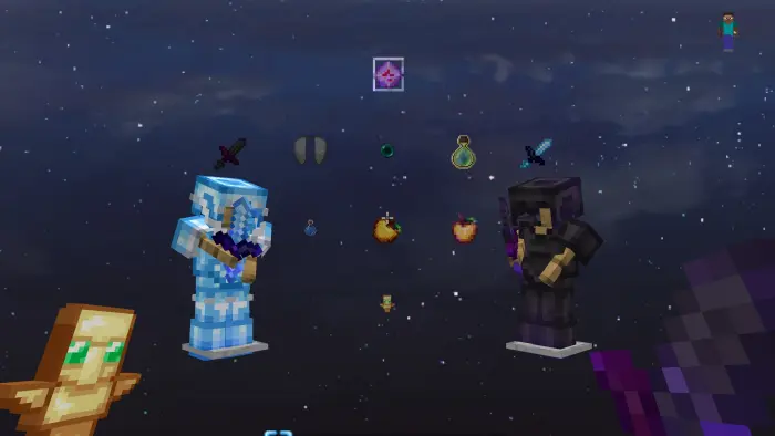 Two armored characters with PvP items displayed