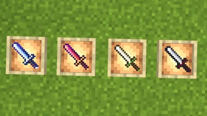Four colorful pixel swords displayed in frames