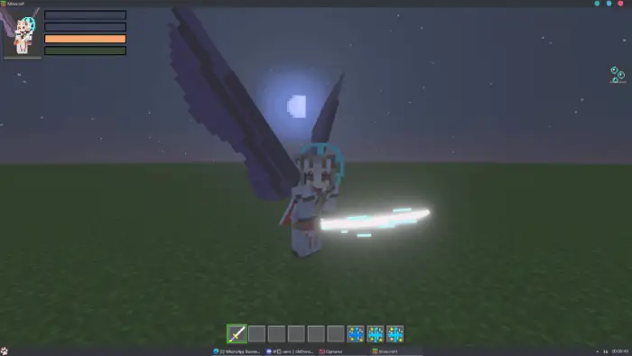Character with wings holding glowing sword at night