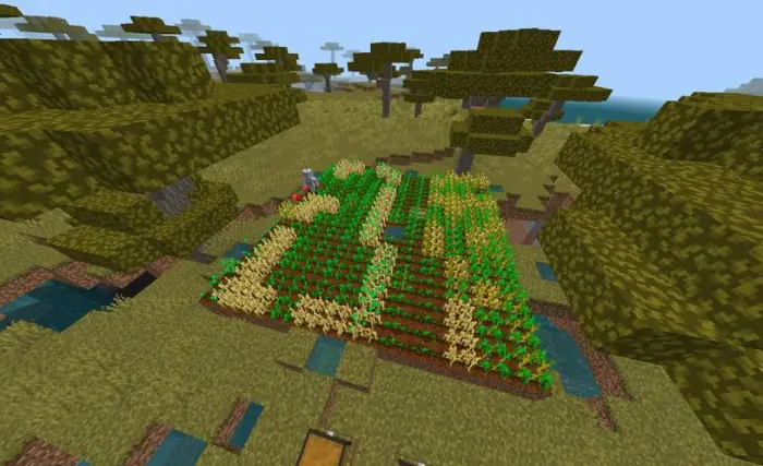 Robot tending to a blocky crop farm.