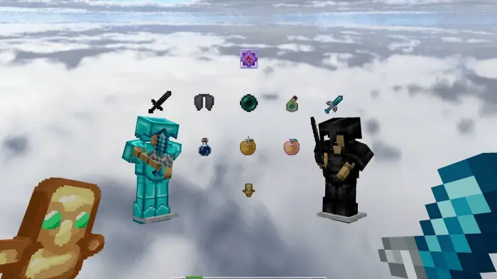 Two armored characters above cloud-themed UI